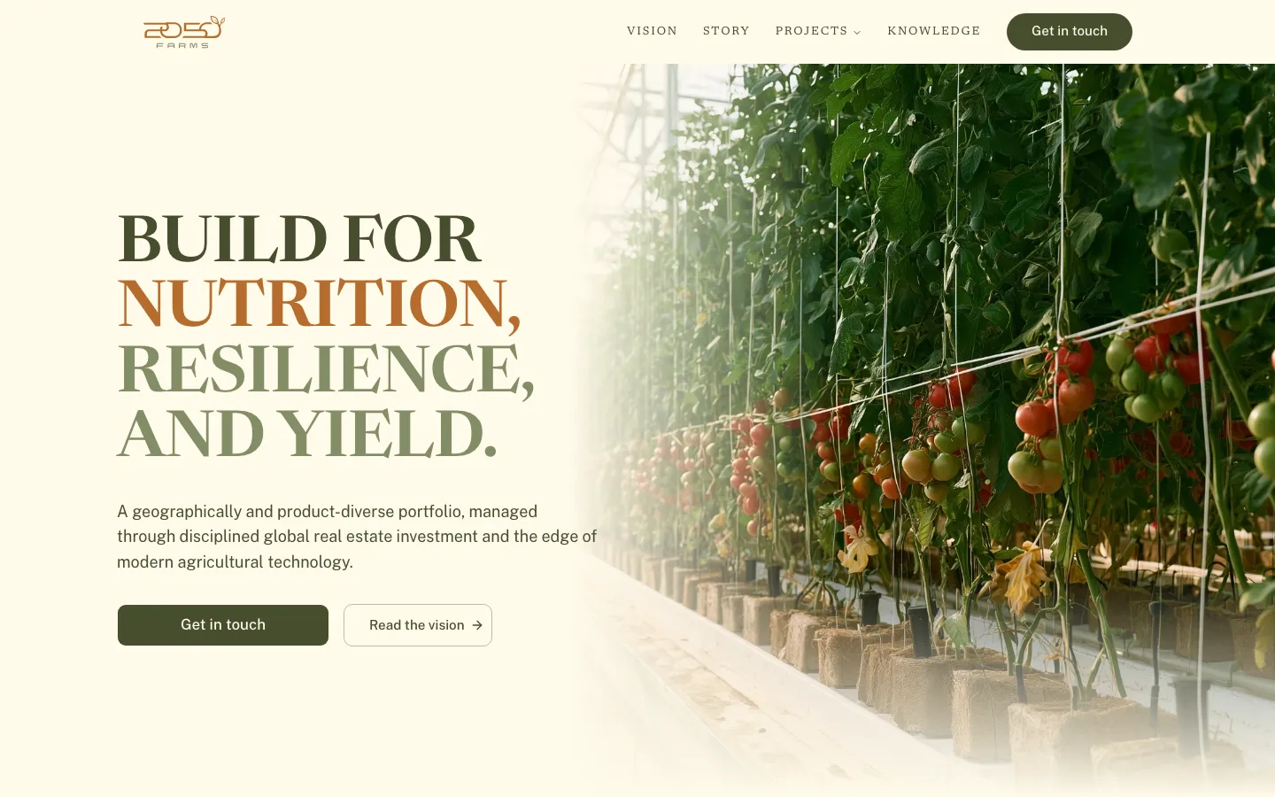The 2050 Farms website home page with its headline beside a photograph of a greenhouse.